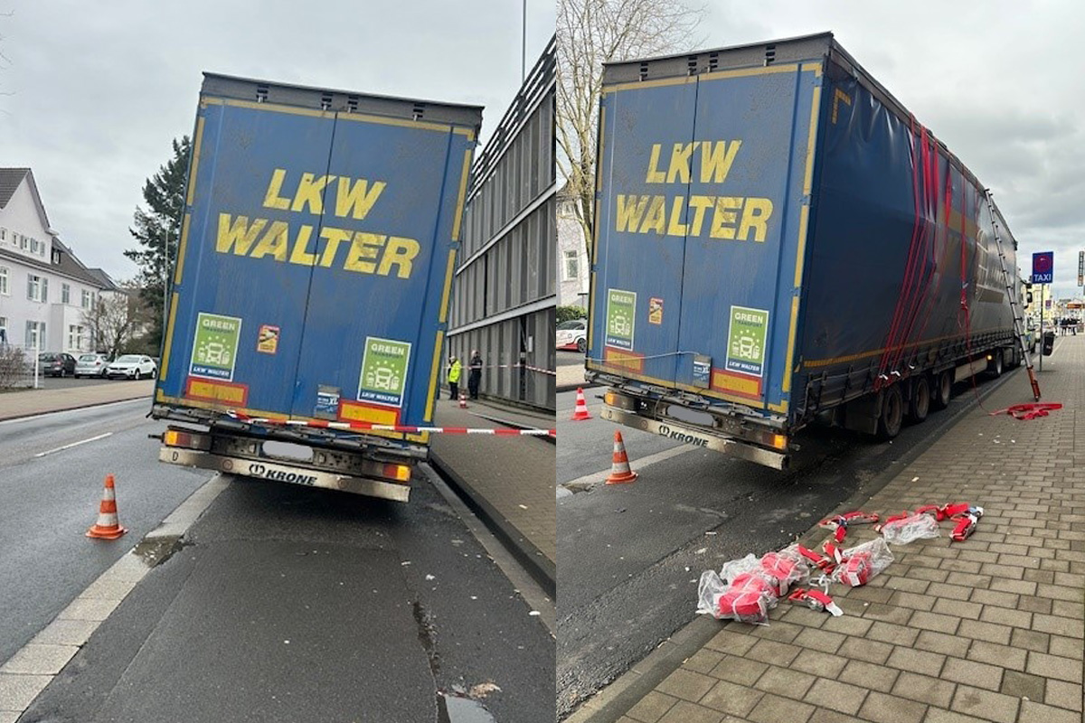 Troisdorf –  26-Tonnen-Ladung von Lkw verrutscht ungesichert