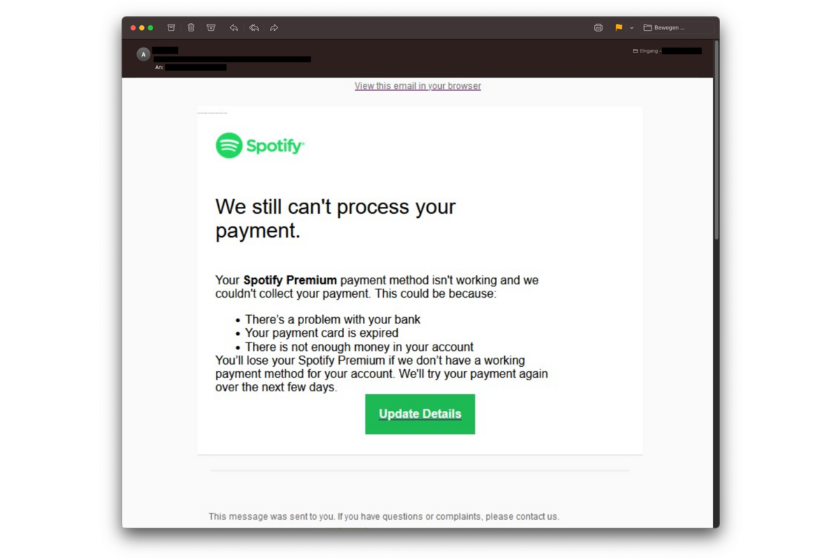 Betrug - Spotify Zahlungsmethode angeblich fehlgeschlagen