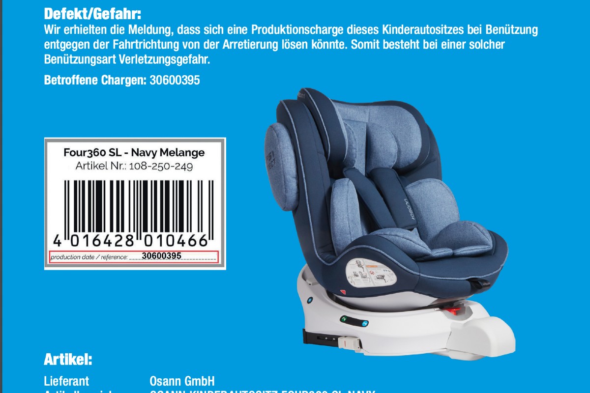 ASTRA - Autokindersitz «OSANN Four360 SL Navy» wegen eines festgestellten Sicherheitsrisikos zurückgerufen