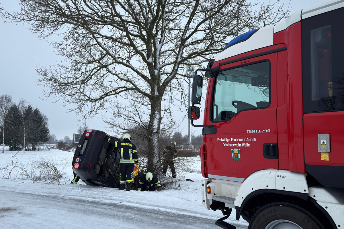 Aurich – Autofahrer nach Unfall bei Eisglätte eingeschlossen
