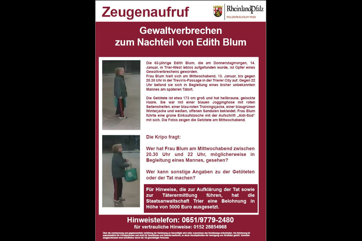 Trier – SoKo Luke schaltet anonymes Hinweistelefon zum Tötungsdelikt Edith Blum