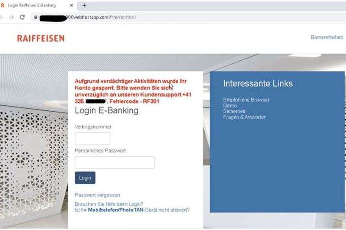 Warnung vor Betrug - Raiffeisen Meldung "Aufgrund verdächtiger Aktivitäten wurde Ihr Konto gesperrt" ist ein perfider Betrug