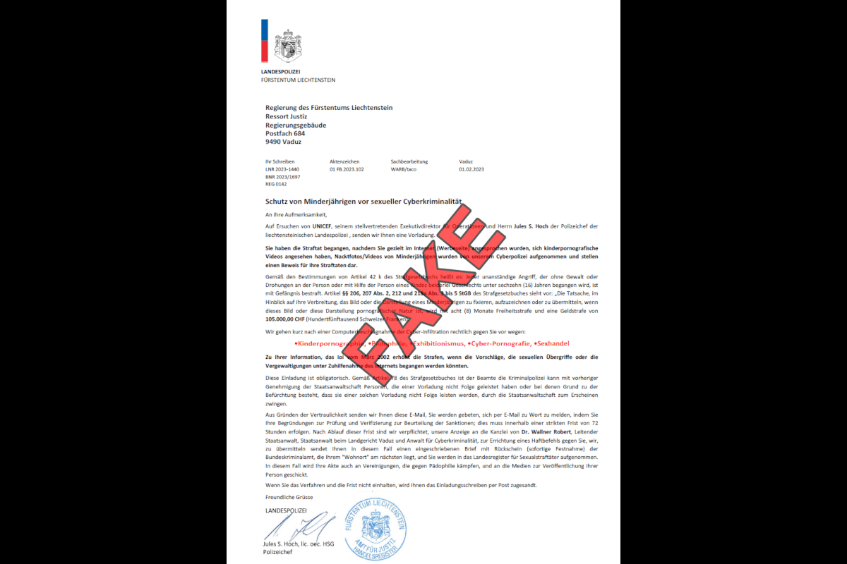Liechtenstein – Erneut Mails mit gefälschten Porno-Verdachtsschreiben der Landespolizei im Umlauf
