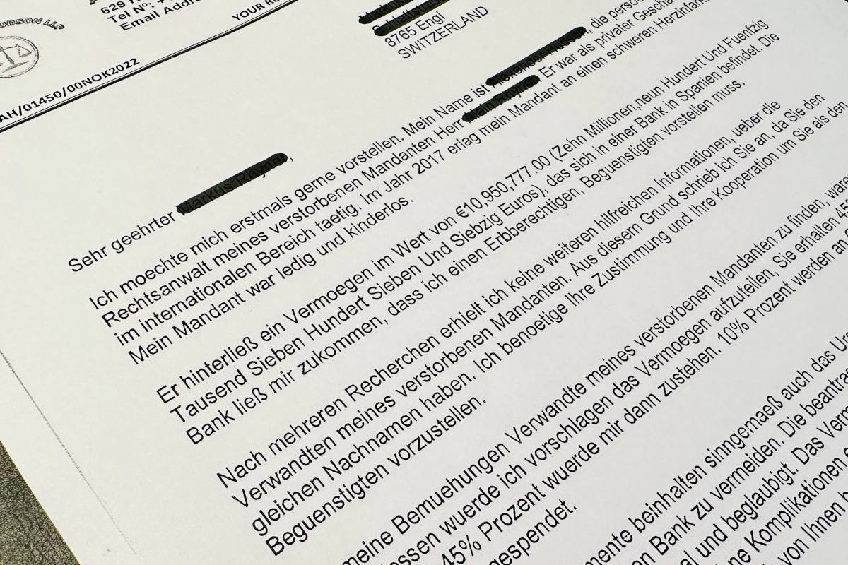 Apenzell Innerrhoden - Vorsicht - Betrugsmasche mit Erbschaftsanfragen