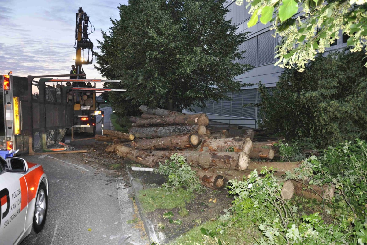 Oensingen: Anhänger gekippt, Holzstämme auf der Fahrbahn verteilt