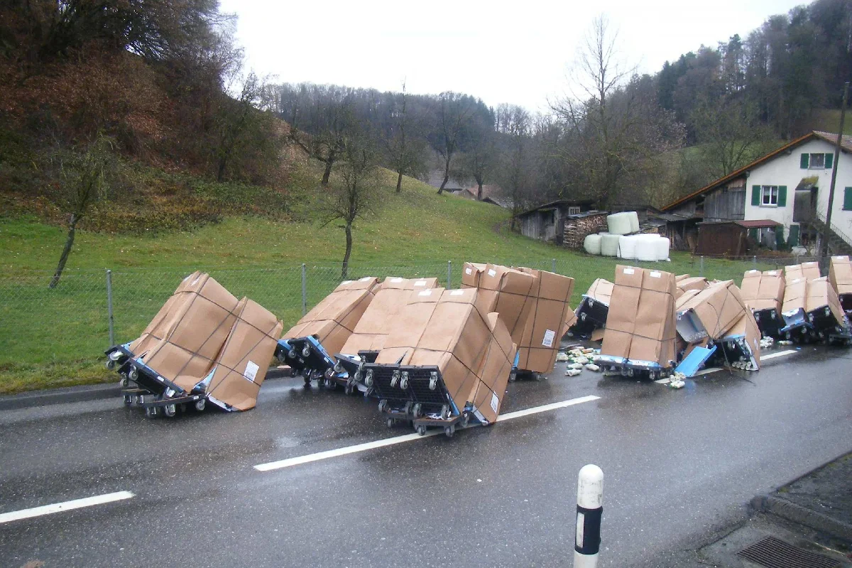 Ladung in Schmitten auf der Strasse verteilt