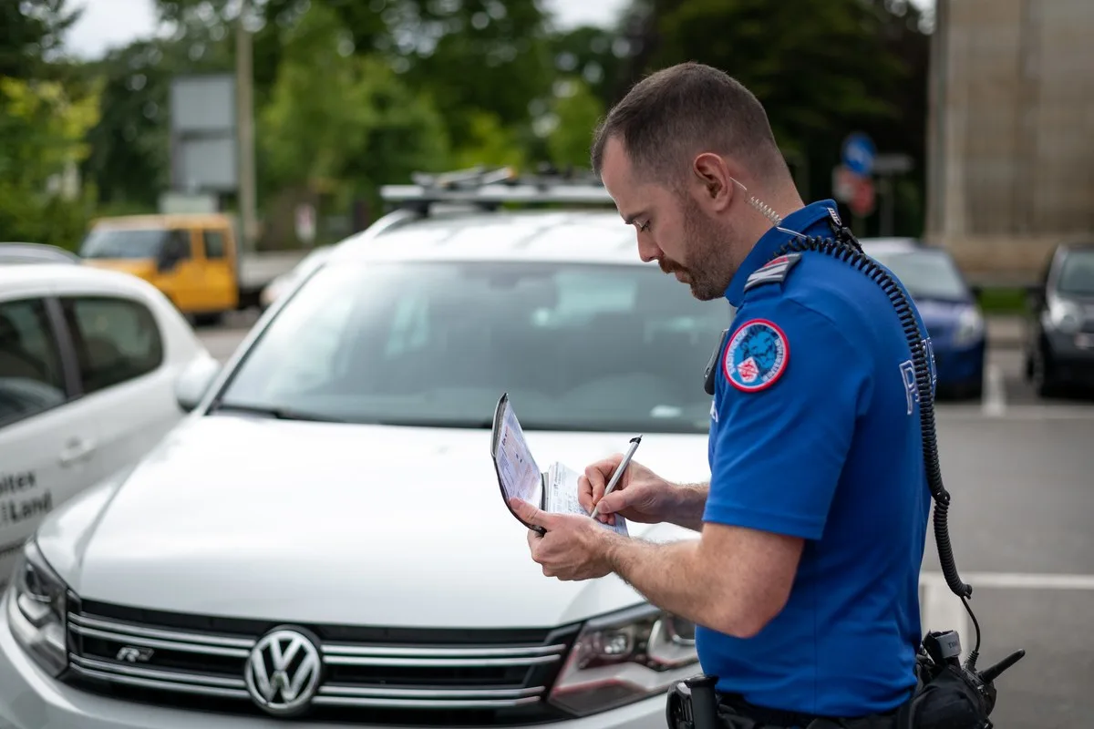Ein Polizist in blauer Uniform schreibt Informationen auf einen Block. Im Hintergrund steht ein weißer VW mit Polizeiaufschrift.