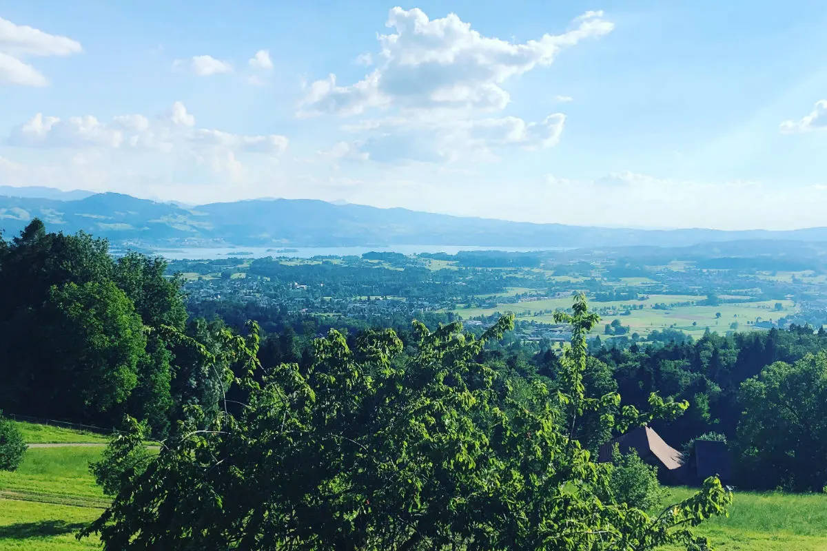 Das Bild zeigt eine weitläufige Landschaft mit grünen Hügeln und einem See in der Ferne unter blauem Himmel.