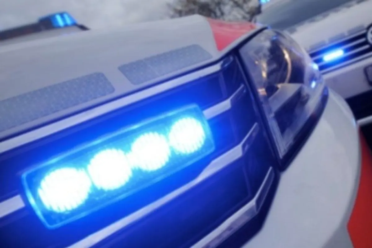 Ein Polizeifahrzeug mit eingeschaltetem Blaulicht ist in Nahaufnahme zu sehen. Die Aufnahme fand bei Dämmerung oder in der Nacht statt.