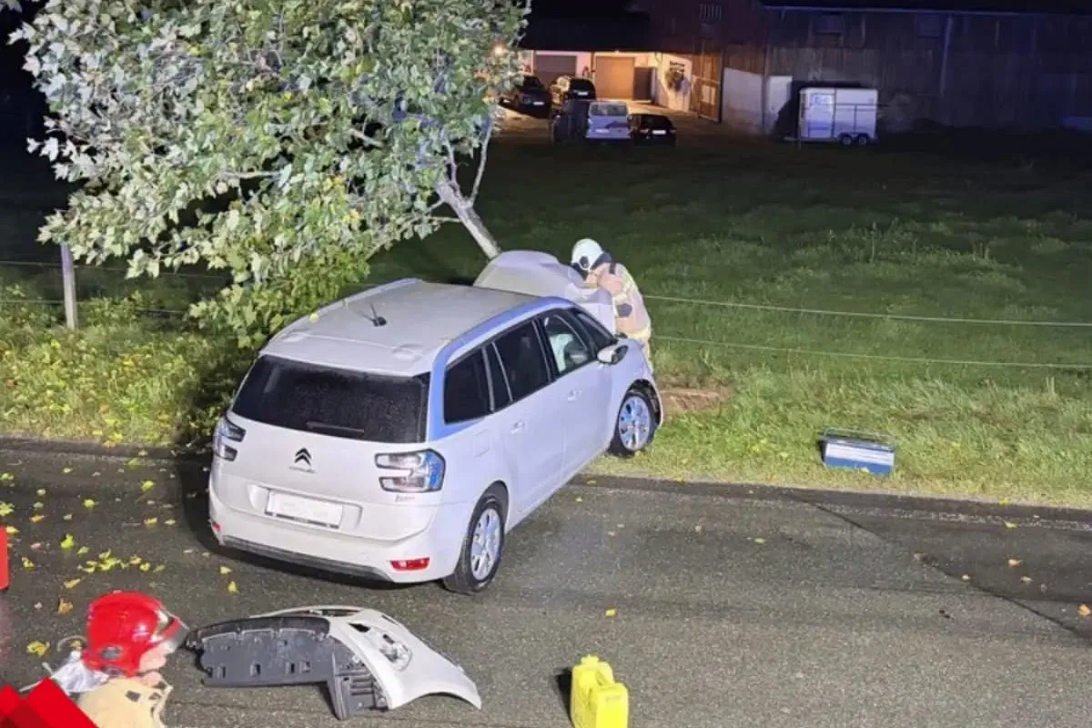 Ein weißer Citroën ist frontal gegen einen Baum gefahren. Ein Feuerwehrmann arbeitet am Fahrzeug, es ist Nacht.