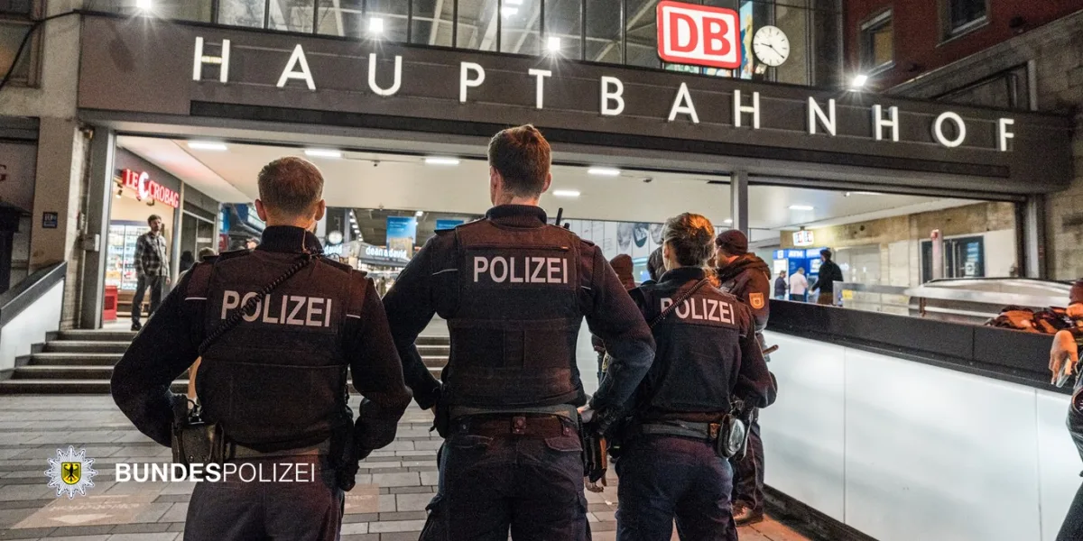 Eine Gruppe von Polizisten geht in einen Bahnhof. Oben ist das Wort 'HAUPTBAHNHOF' zu sehen. Auf den Jacken der Beamten steht 'POLIZEI'.