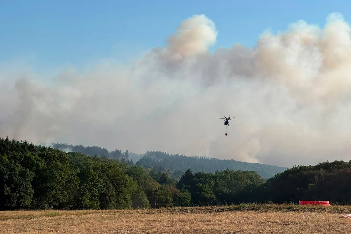 Ein Hubschrauber fliegt mit einem Löschbehälter über einen Wald, aus dem Rauch aufsteigt. Der Himmel ist blau und wolkenlos.