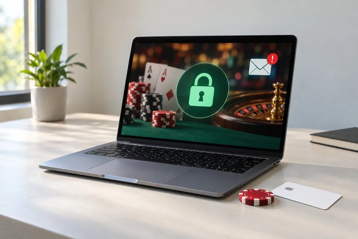 Ein Laptop steht auf einem Tisch und zeigt auf dem Bildschirm ein grünes Schloss-Symbol. Daneben sind Poker-Chips und ein Roulette zu sehen. Auf dem Tisch liegen weitere Poker-Chips und eine weiße Karte.