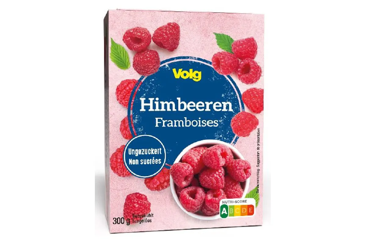 Die Abbildung zeigt eine Packung Volg Himbeeren mit dem Hinweis, dass sie ungezuckert sind. Die Verpackung ist pink und zeigt Himbeeren und die französische Bezeichnung 'Framboises'.