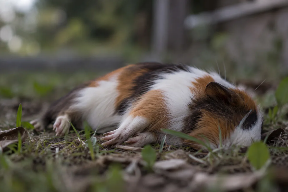 Ein Meerschweinchen, das leblos auf einem bepflanzten Boden liegt, zeigt keine sichtbaren Verletzungen.