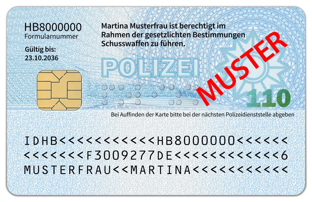 Der Bildausweis zeigt einen deutschen Polizeiausweis. Auf diesem steht 'POLIZEI' und es ist ein roter 'MUSTER'-Stempel zu sehen.