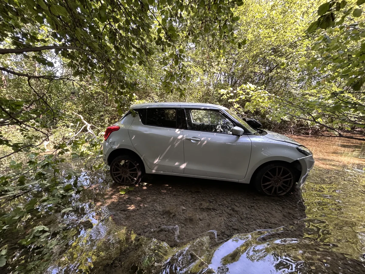 Ein weißes Auto ist seitlich in einem flachen Bach in einem bewaldeten Gebiet zu sehen. Um das Auto herum befinden sich viele grüne Blätter und Äste, die den Ort wie einen dichten Wald erscheinen lassen.