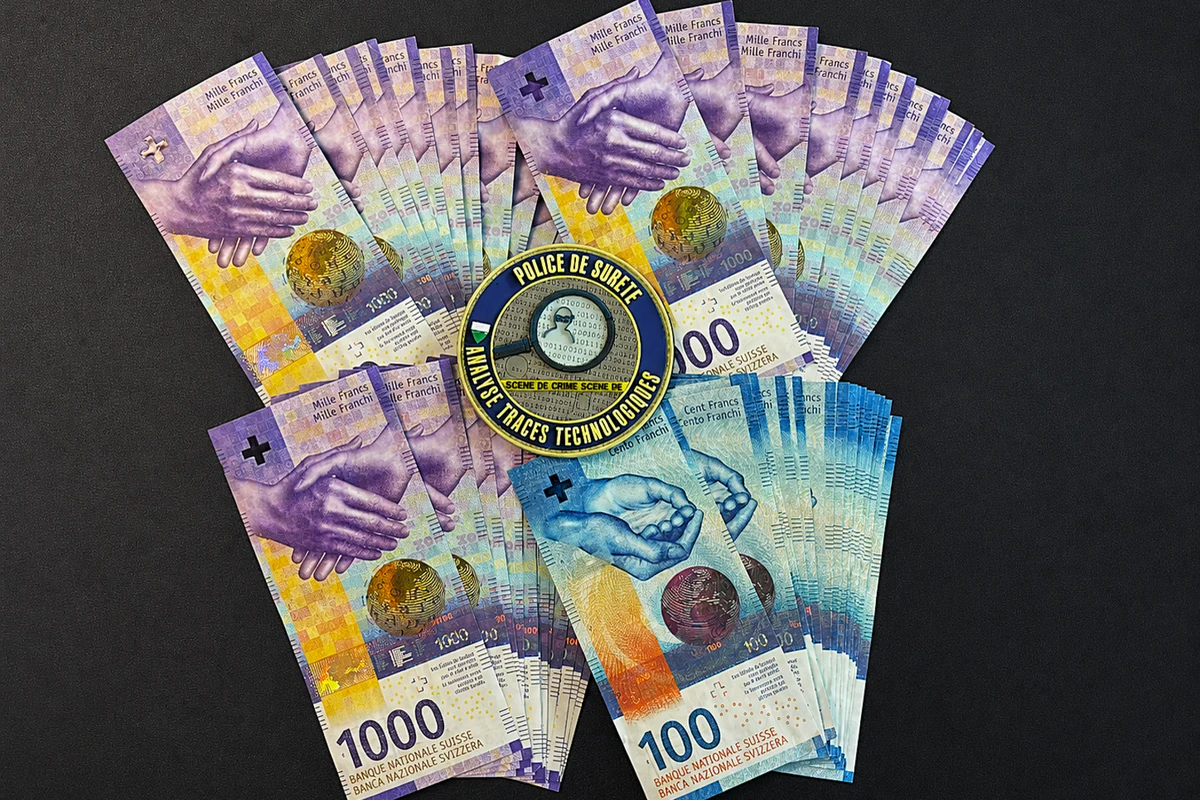 Ein Emblem der 'Police de Sûreté' liegt auf einem großen Stapel aus Schweizer Franken-Banknoten, darunter 1000er- und 100er-Nominale.