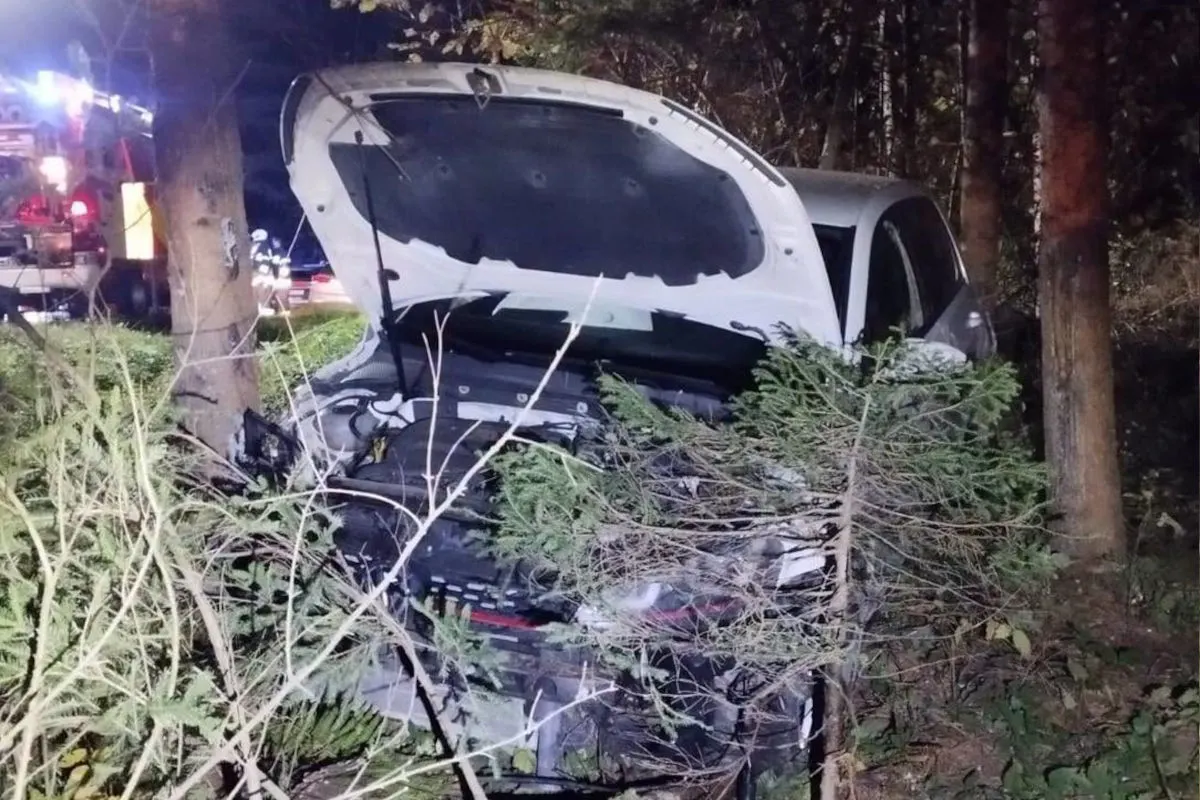Ein Auto steht mit geöffneter Motorhaube abseits der Straße im Wald, nachdem es frontal mit einem Baum kollidierte. Im Hintergrund sind Lichter eines Einsatzfahrzeugs sichtbar.