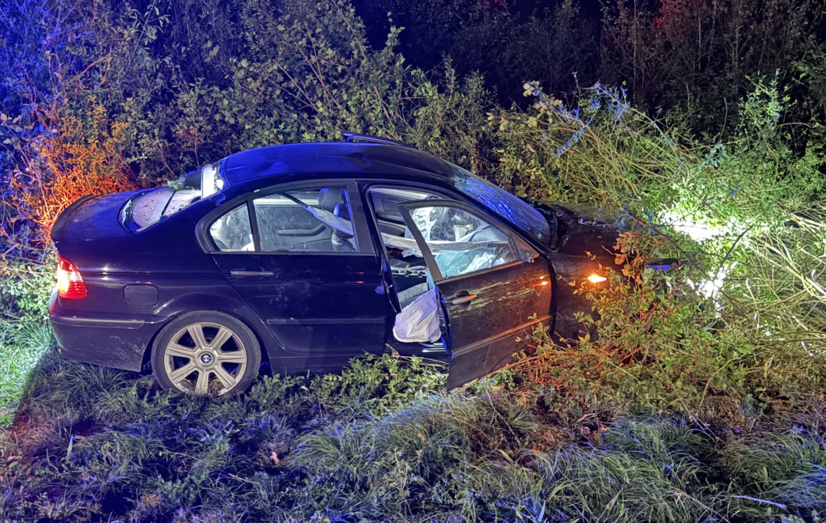 Ein dunkelblauer BMW mit geöffneter Fahrertür steht stark beschädigt in einem Gebüsch. Airbags sind ausgelöst.