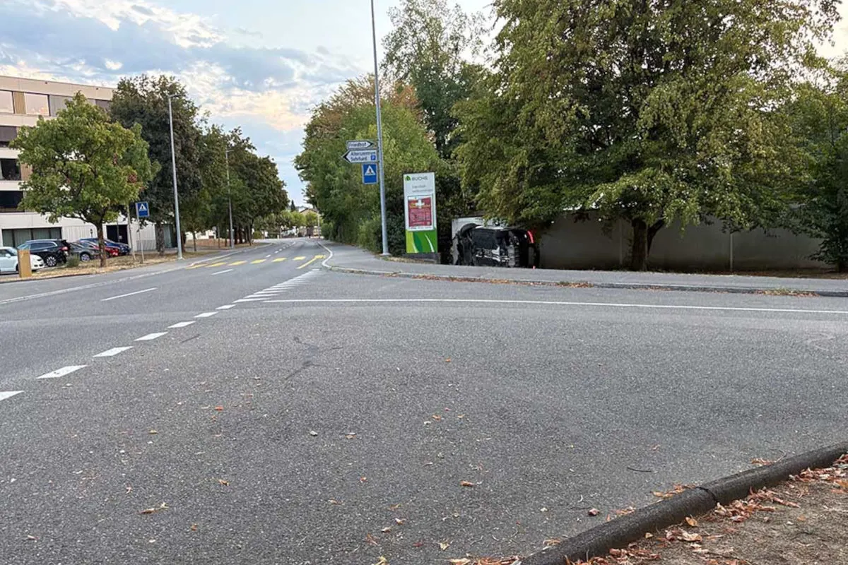 Ein Auto liegt auf der Seite neben einer Straße und einem Baum, es scheint ein Unfall passiert zu sein. Die Umgebung wirkt ruhig und es sind keine Menschen zu sehen.