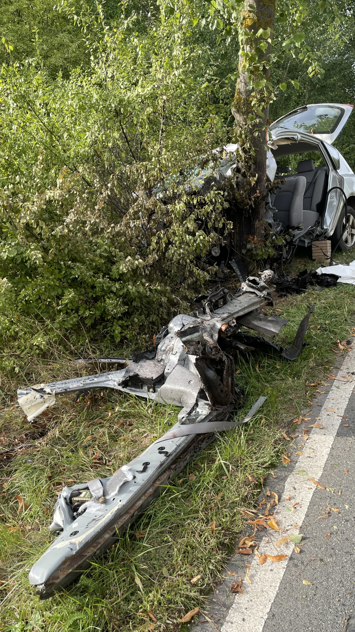 Ein silbernes Auto hat frontal einen Baum getroffen. Vor dem Fahrzeug liegen Trümmerteile verstreut auf dem Boden.