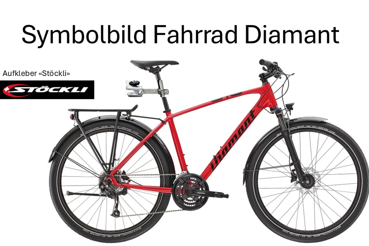 Das Bild zeigt ein rotes Fahrrad der Marke Diamant, versehen mit einem Aufkleber 'Stöckli'. Es handelt sich um ein Symbolbild.