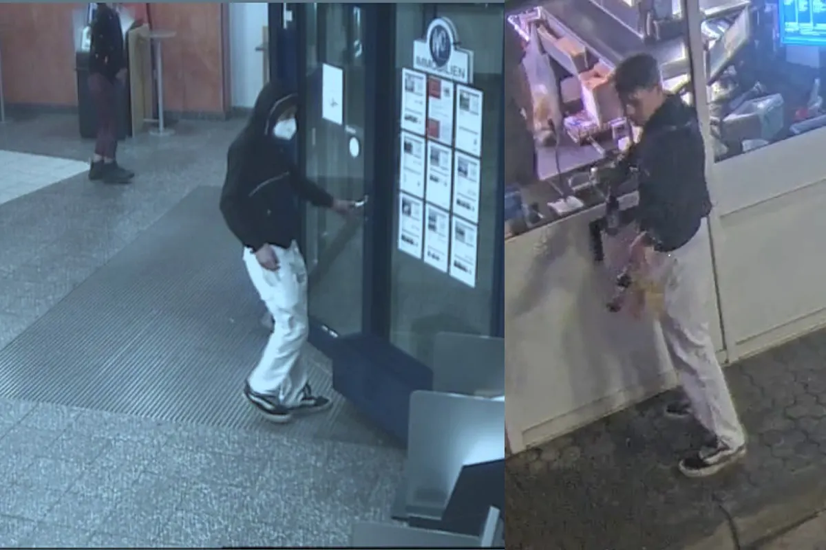 Links ein Mann mit Kapuze und Maske an einer Tür, rechts ein Mann in einem Verkaufsraum an einem Schalter.