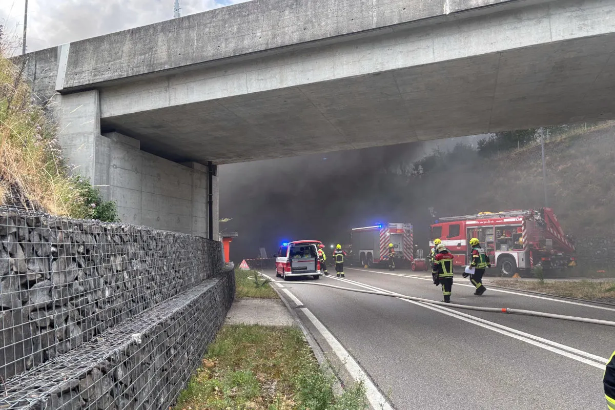 Mehrere Feuerwehrleute und -fahrzeuge stehen unter einer Brücke, die von Rauch umgeben ist. Es wird ein Feuer gelöscht.