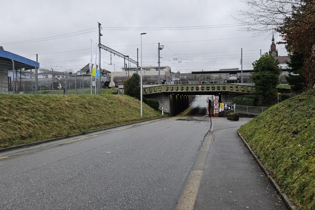 Eine leere Straße verläuft unter einer Eisenbahnbrücke, umgeben von Schienen und Gebäuden bei grauem, bewölktem Himmel.
