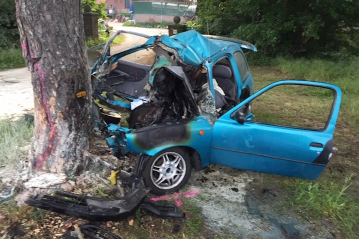 Auto prallt gegen Baum und fängt Feuer