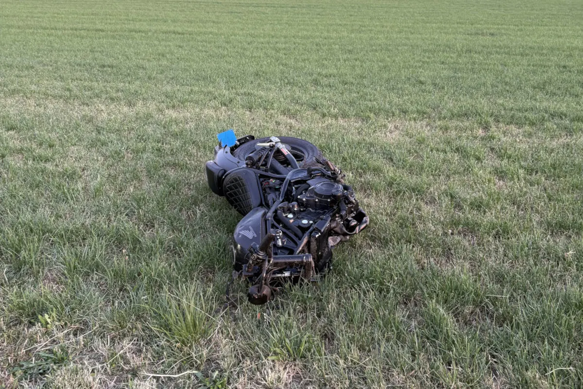 Ein schwarzes Motorrad liegt beschädigt auf einer grünen Wiese. Einzelteile und Motor sind sichtbar.