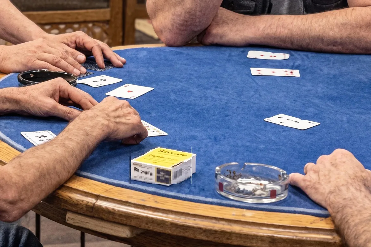 Mehrere Personen sind an einem runden Tisch versammelt und spielen Karten. Der Tisch hat eine blaue Oberfläche und es liegt ein Kartenstapel darauf.