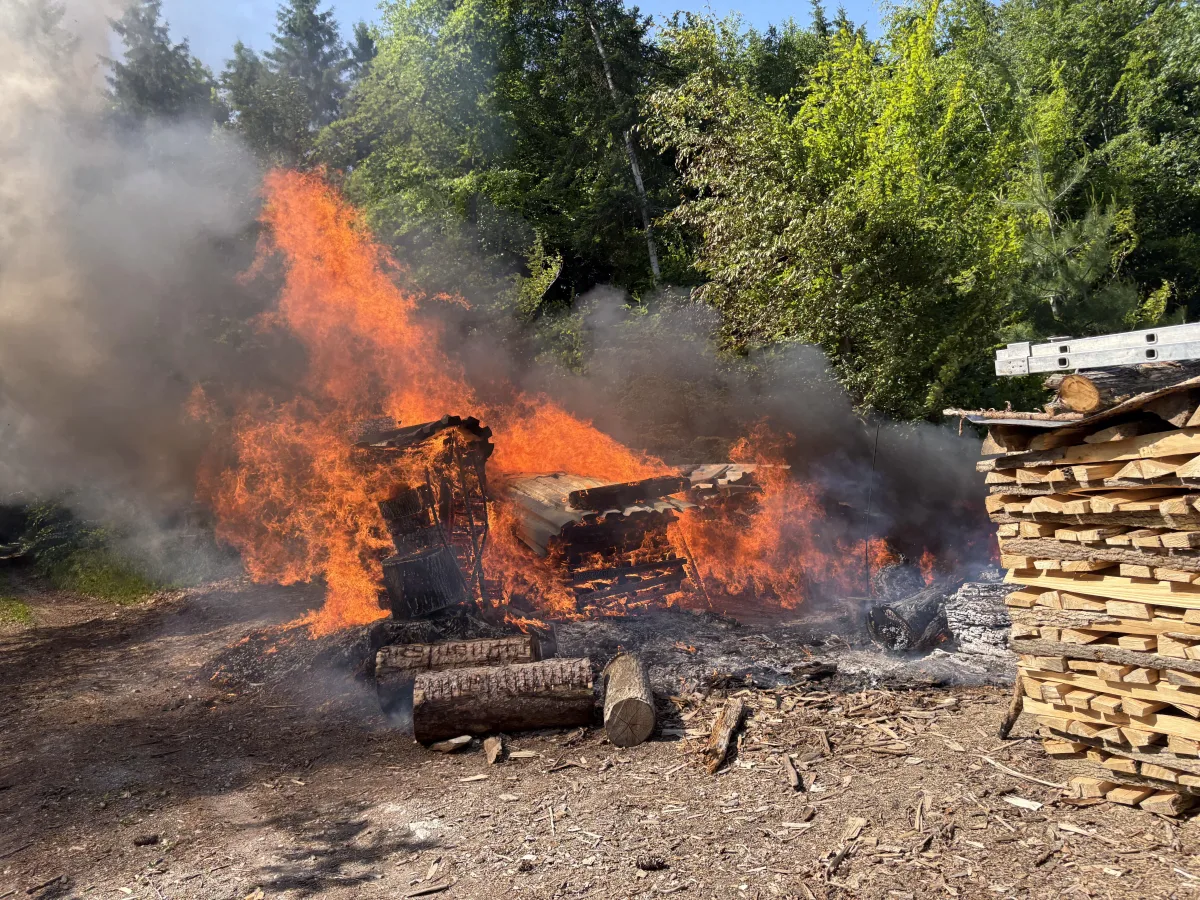 Ein brennender Holzstapel erzeugt hohe Flammen und dunklen Rauch in einem bewaldeten Gebiet. Am Rand stehen weitere Holzstapel unbeschädigt.