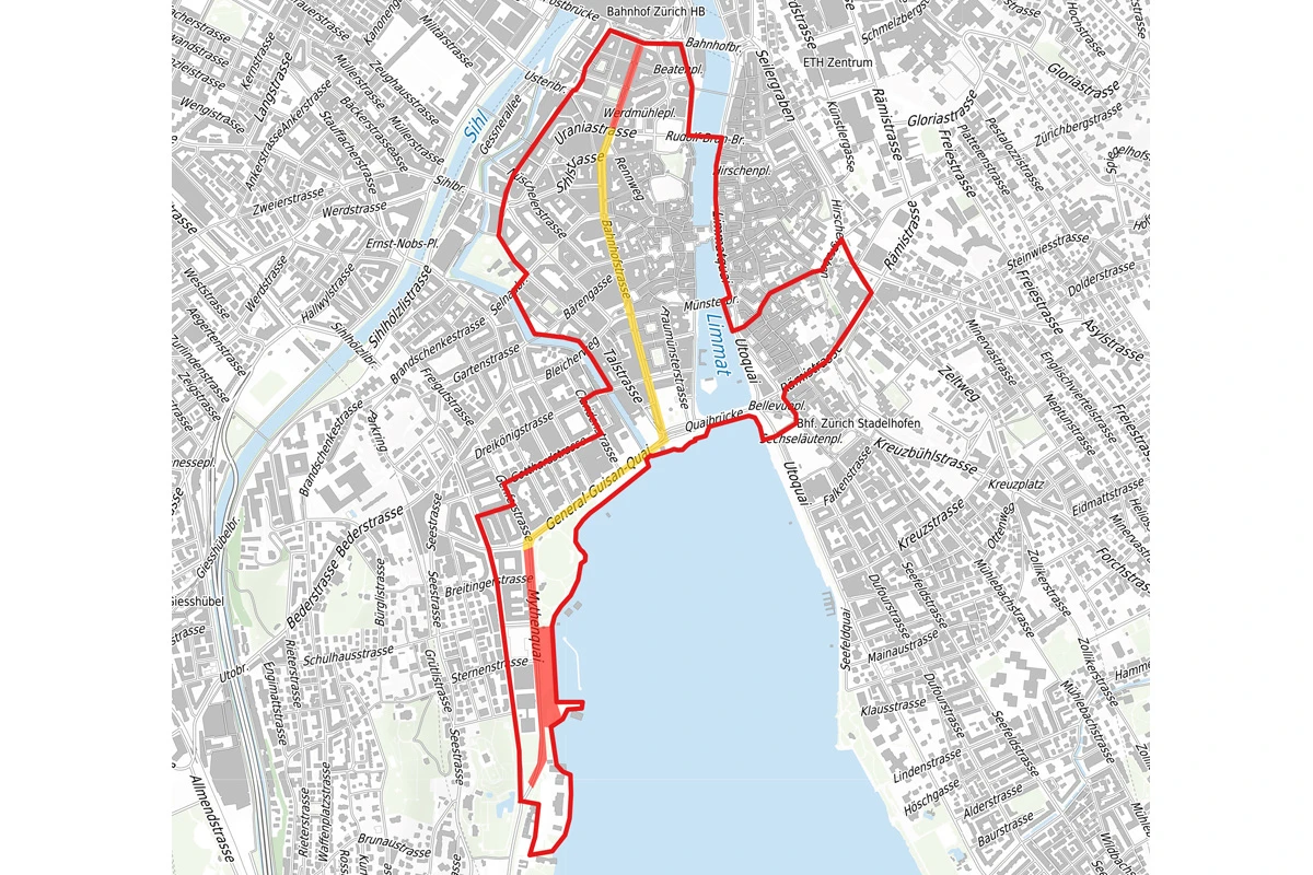 Auf einer Stadtkarte von Zürich ist ein zentraler Bereich in Rot markiert, um den Einsatzort hervorzuheben. Straßen und Gewässer sind erkennbar.