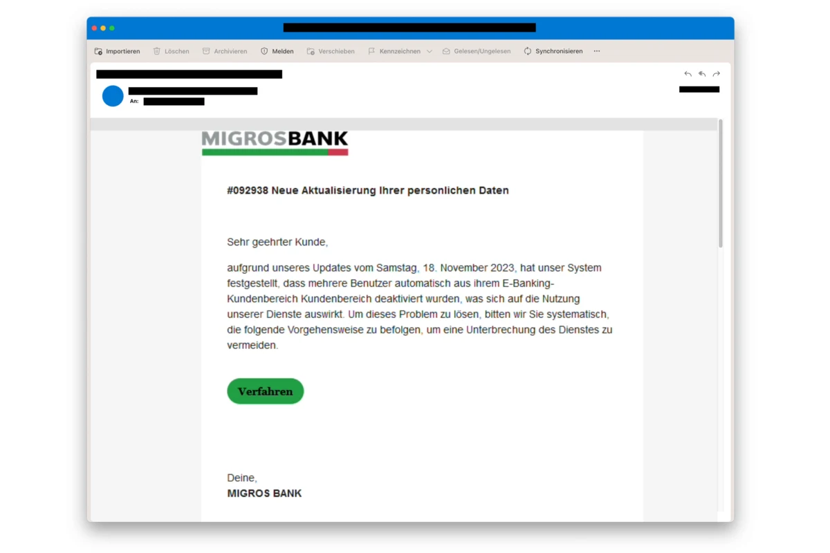 Cybercrime - Vorsicht vor Mails der angeblichen Migrosbank 