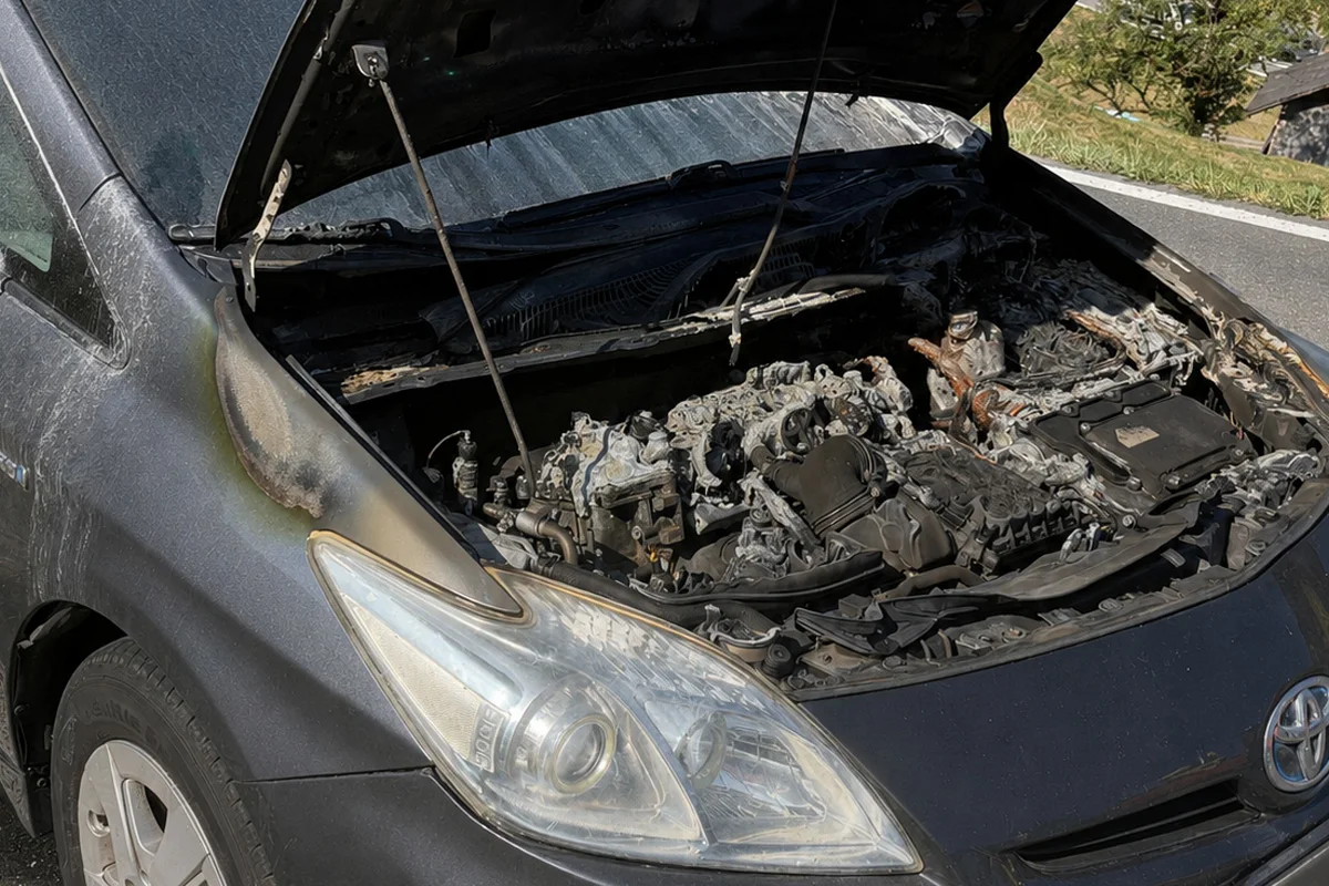 Das Bild zeigt die offene Motorhaube eines Autos, der Motorraum ist stark verbrannt und beschädigt. Der Schaden ist großflächig sichtbar.