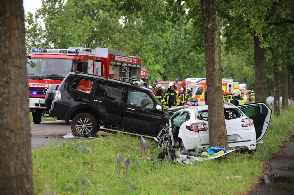 Ein schwarzer SUV kollidierte mit einem weißen Auto auf einer Allee. Feuerwehrkräfte sind im Einsatz, Bäume säumen die Straße.