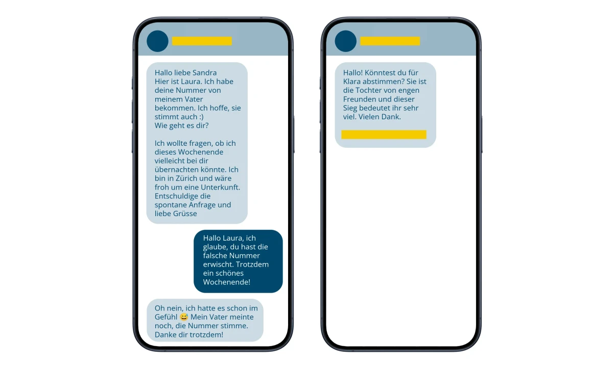Zwei Smartphones zeigen eine SMS-Konversation, die möglicherweise betrügerische Absichten andeutet.