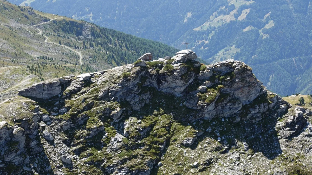Ein felsiger Berggipfel mit einem kleinen Gipfelkreuz ist sichtbar. Im Hintergrund erstreckt sich eine bewaldete Berglandschaft unter blauem Himmel.