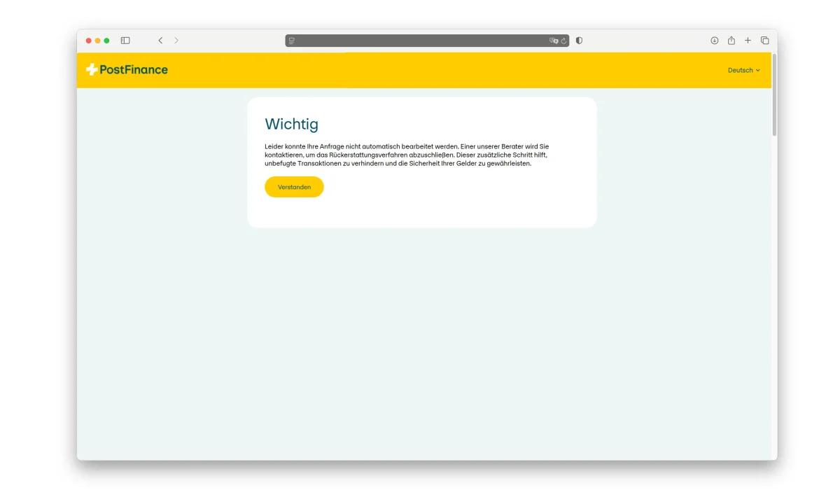 Ein Screenshot zeigt ein Pop-up-Fenster von PostFinance mit einer Warnung, dass die Anfrage nicht bearbeitet werden konnte.