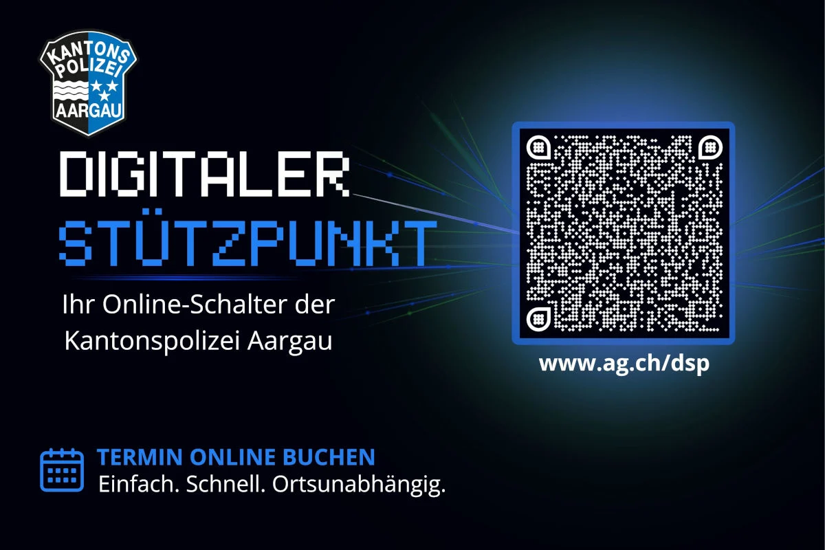 Ein Werbeplakat der Kantonspolizei Aargau zeigt einen QR-Code. Text informiert über den digitalen Stützpunkt und eine Webadresse.