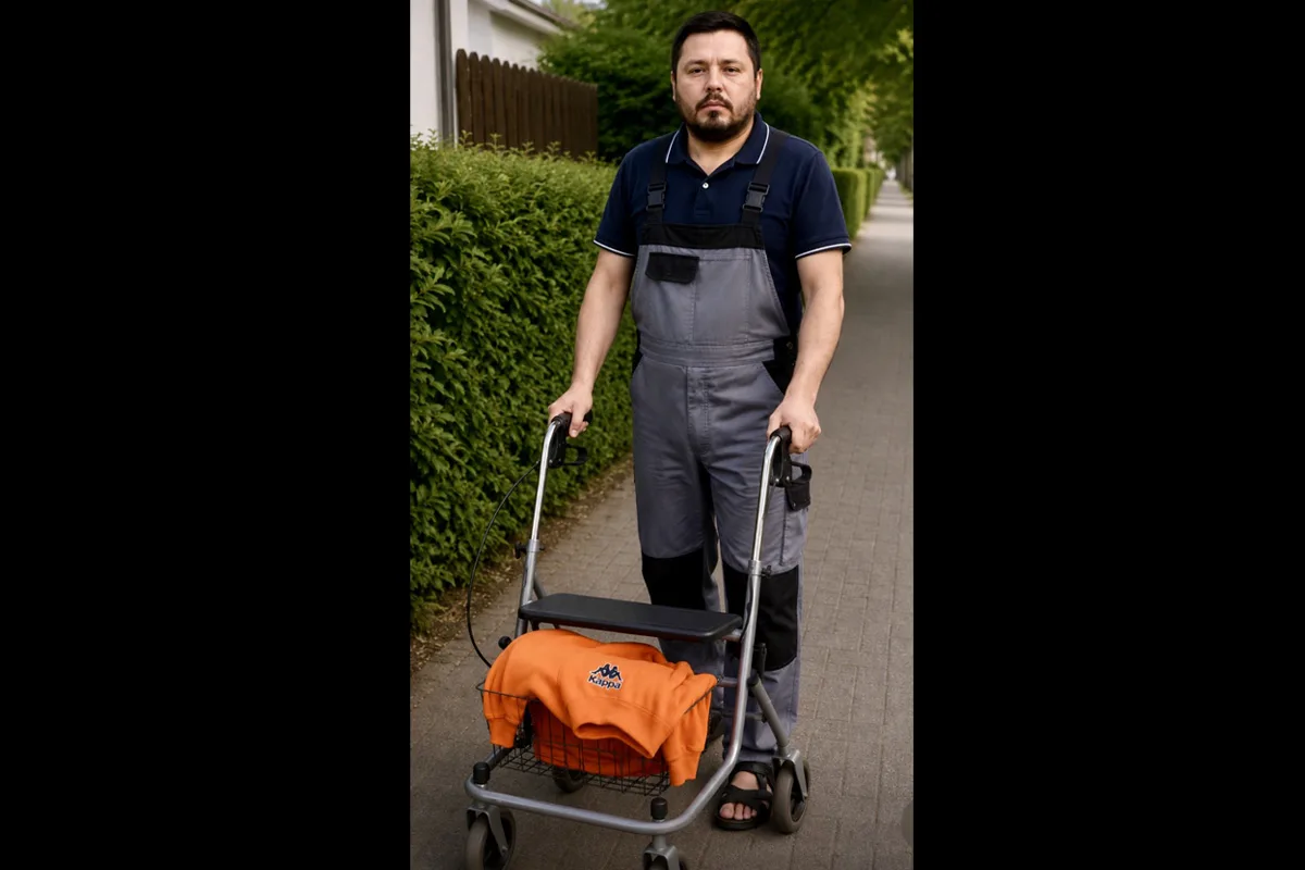 Ein Mann steht mit einem Rollator auf einem gepflasterten Gehweg neben einer Hecke. Er trägt einen blauen Poloshirt und grauen Overall.