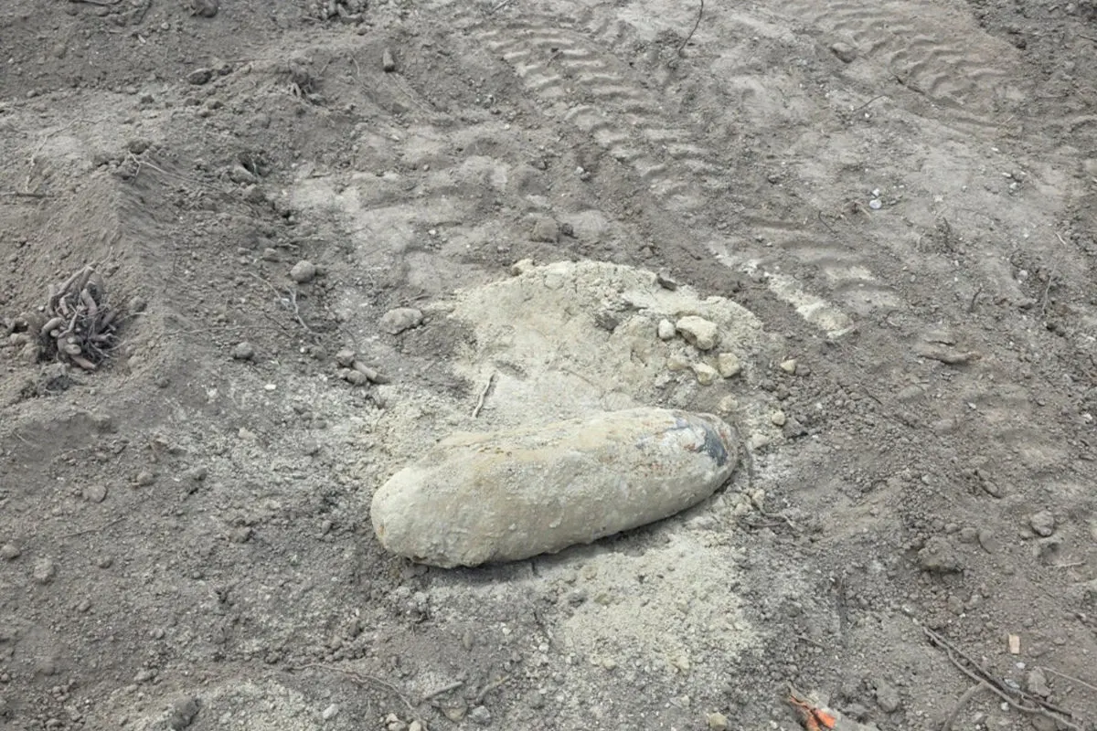 Eine freigelegte Bombe liegt in einem Erdloch mit Spuren von Fahrzeugen auf dem Erduntergrund.