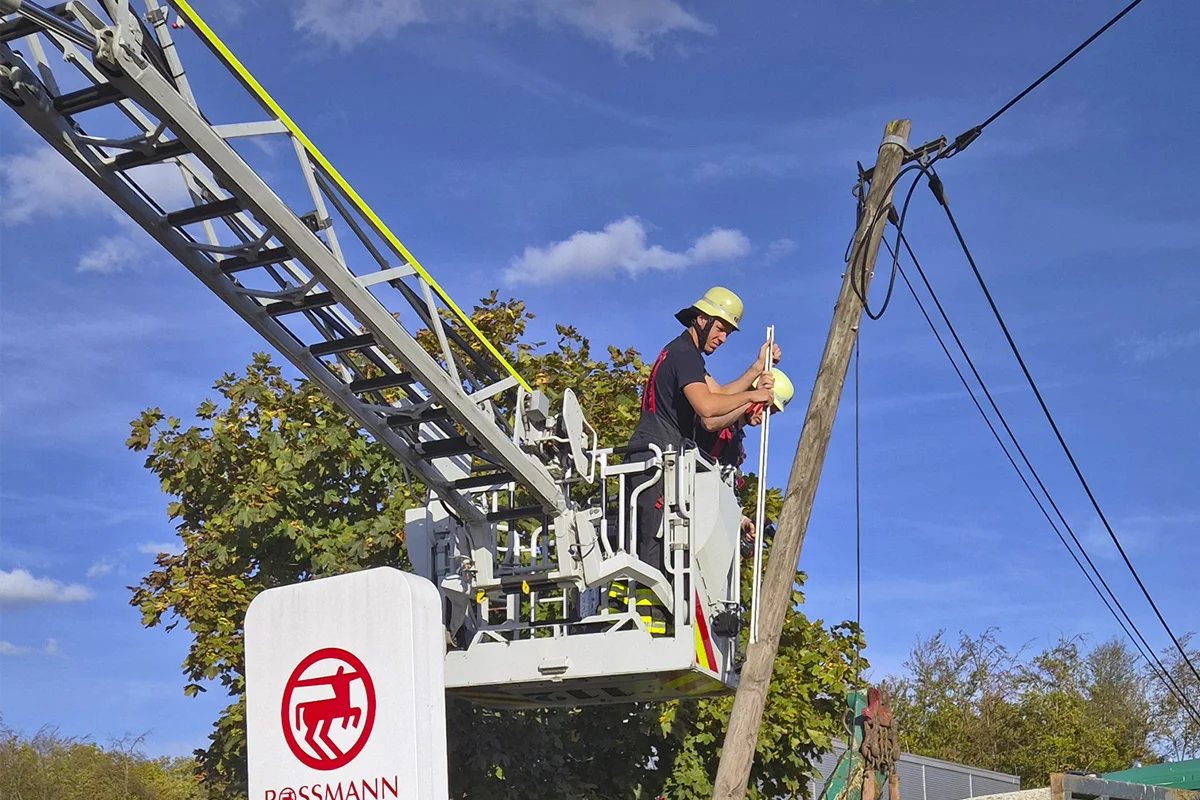 Ein Techniker arbeitet in einem Hebekorb an einem Strommast, umgeben von Bäumen, bei blauem Himmel.