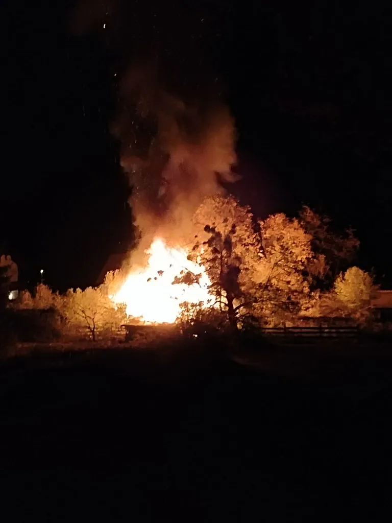 Ein intensives Feuer brennt nachts in einem ländlichen Gebiet und erhellt die umgebenden Bäume. Die Flammen lodern hoch in den Nachthimmel.