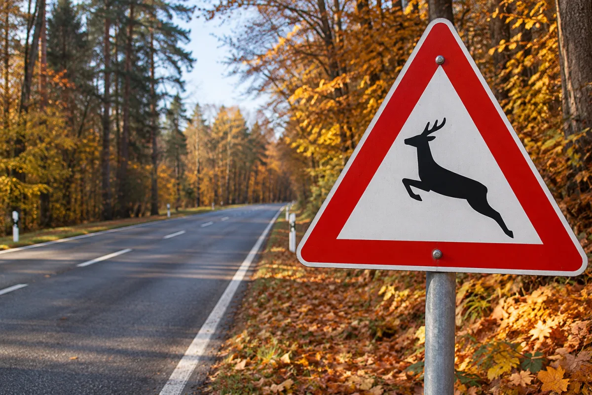 Ein rot-weißes Verkehrsschild mit einem springenden Hirsch warnt vor Wildwechsel auf einer asphaltierten Landstraße durch einen herbstlichen Wald.