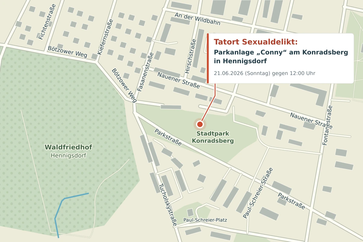 Eine Karte von Hennigsdorf zeigt den Stadtpark Konradsberg mit einer Markierung des Tatorts eines Sexualdelikts. Straßen und der Park sind beschriftet.