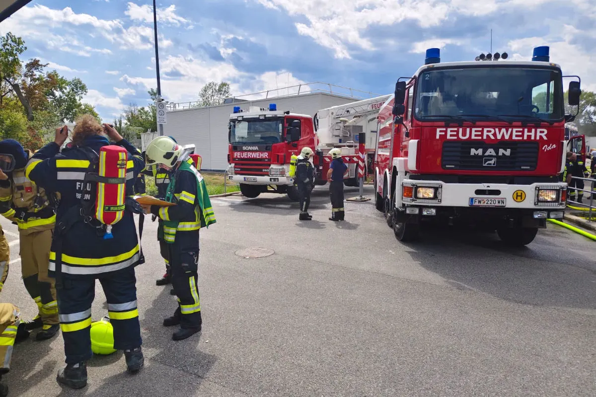 Mehrere Feuerwehrfahrzeuge sind in einer Straße geparkt, umgeben von Feuerwehrleuten in Einsatzkleidung, bei Tageslicht.