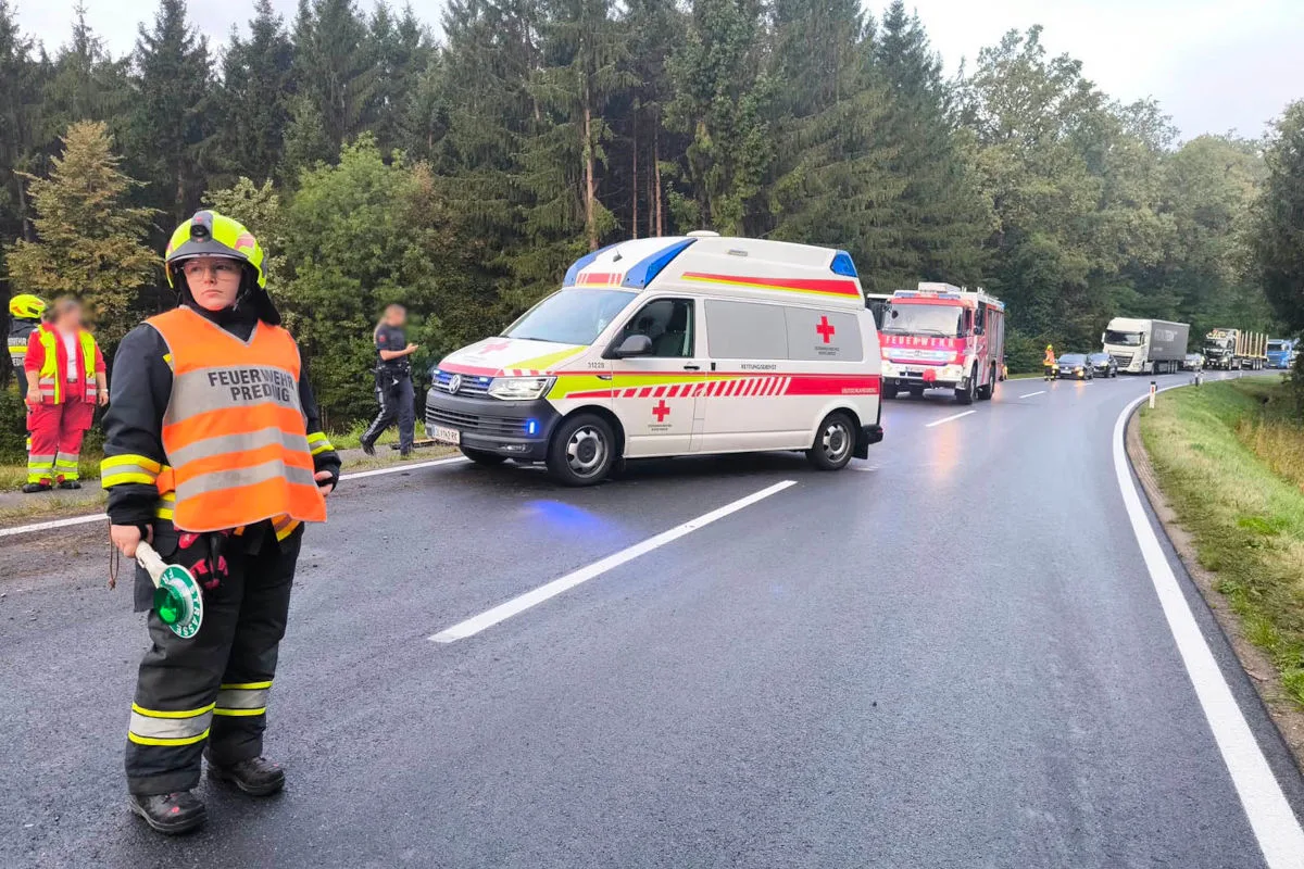 Mehrere Einsatzkräfte und Fahrzeuge stehen auf einer Landstraße, umgeben von Wald. Ein Rettungswagen und ein Feuerwehrfahrzeug sind sichtbar.
